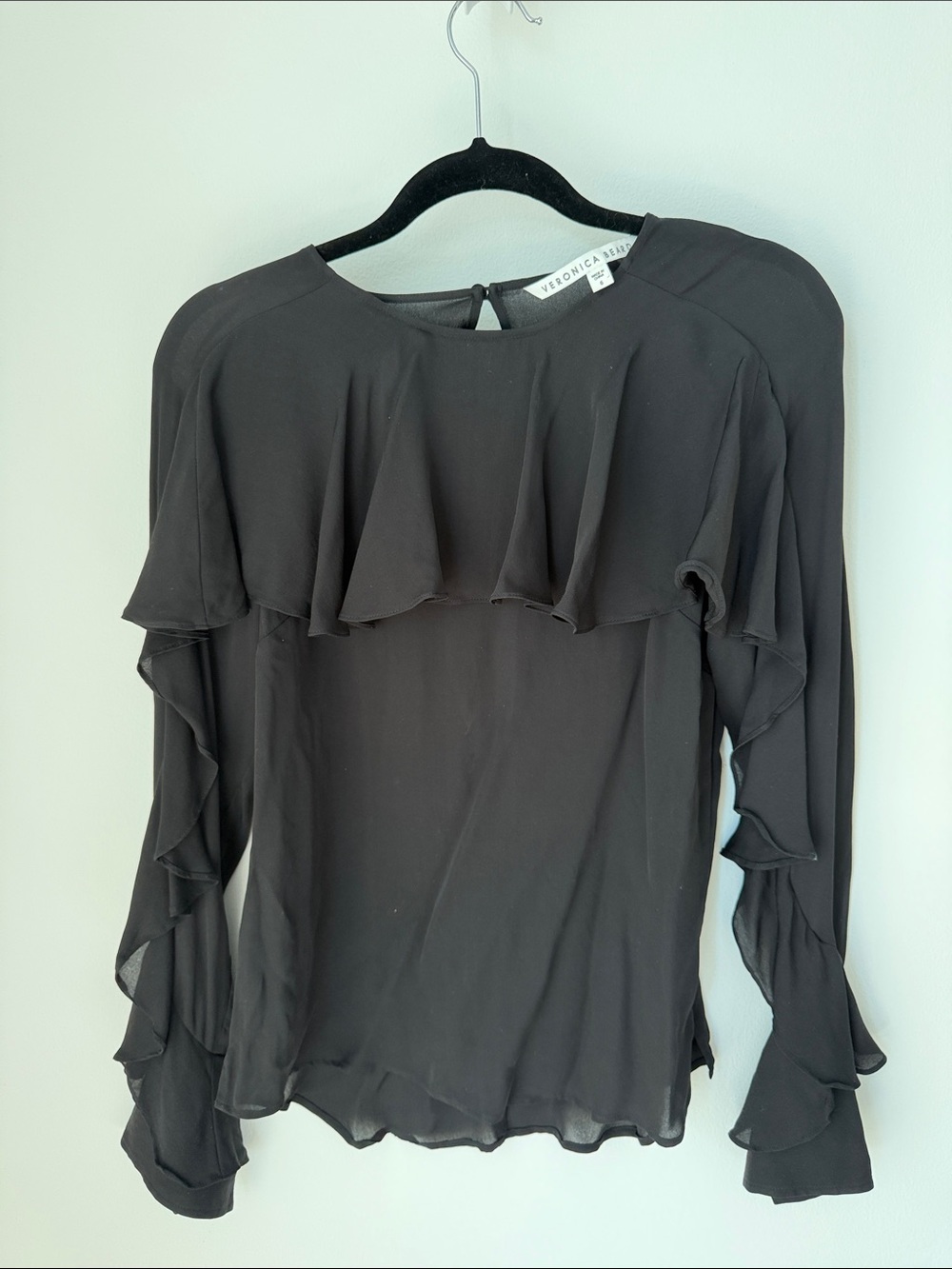 Veronica M Black Ruffle-Trim Long Sleeve Top